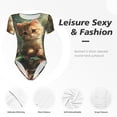 thumbnail image 4 of Bingfone Cute Kitten Water Lilies Pattern Women's Round Neck Bodysuit, Tight Snap Button Short Sleeve Bodysuit, Suitable for Party, Sports, Daily Wear-Small, 4 of 7