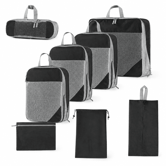 Compression Packing Cubes, 8 Piece Set with Space Saving Double Zippers, Packing Cubes for Travel, Organizer Bags and Pouches