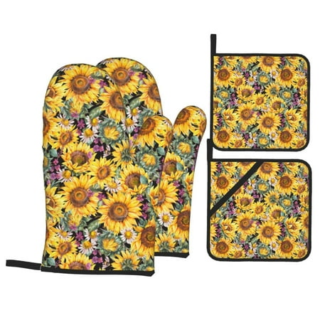 

Oven Mitts and Pot Holders Sets 4 pcs - Sunflowers Vintage Heat Resistant Silicone Oven Gloves with Non-Slip Silicone Surface and hot pads for kitchen Baking Cooking BBQ