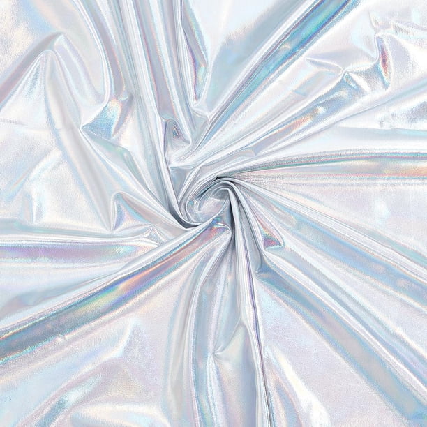 Tela de spandex holográfica brillante plateada metálica, 1,1 yardas × 59,1 pulgadas, tela elástica de poliéster brillante en 4 direcciones con lámina metálica