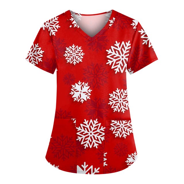 Tops Para Mujer, Blusa Navideña, Camisas de Moda, Manga Corta, Cuello en V, Uniforme de Trabajo, Estampado Con Bolsillo Odeerbi ODB170886