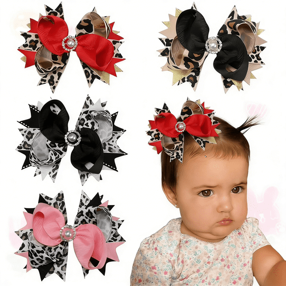 JoyBowie 4pcs 5 Inch Red Leopard Hair Bows for Girls Toddlers, Pearl Ribbon Hair Clips for Kids Party Daily Hairstyles