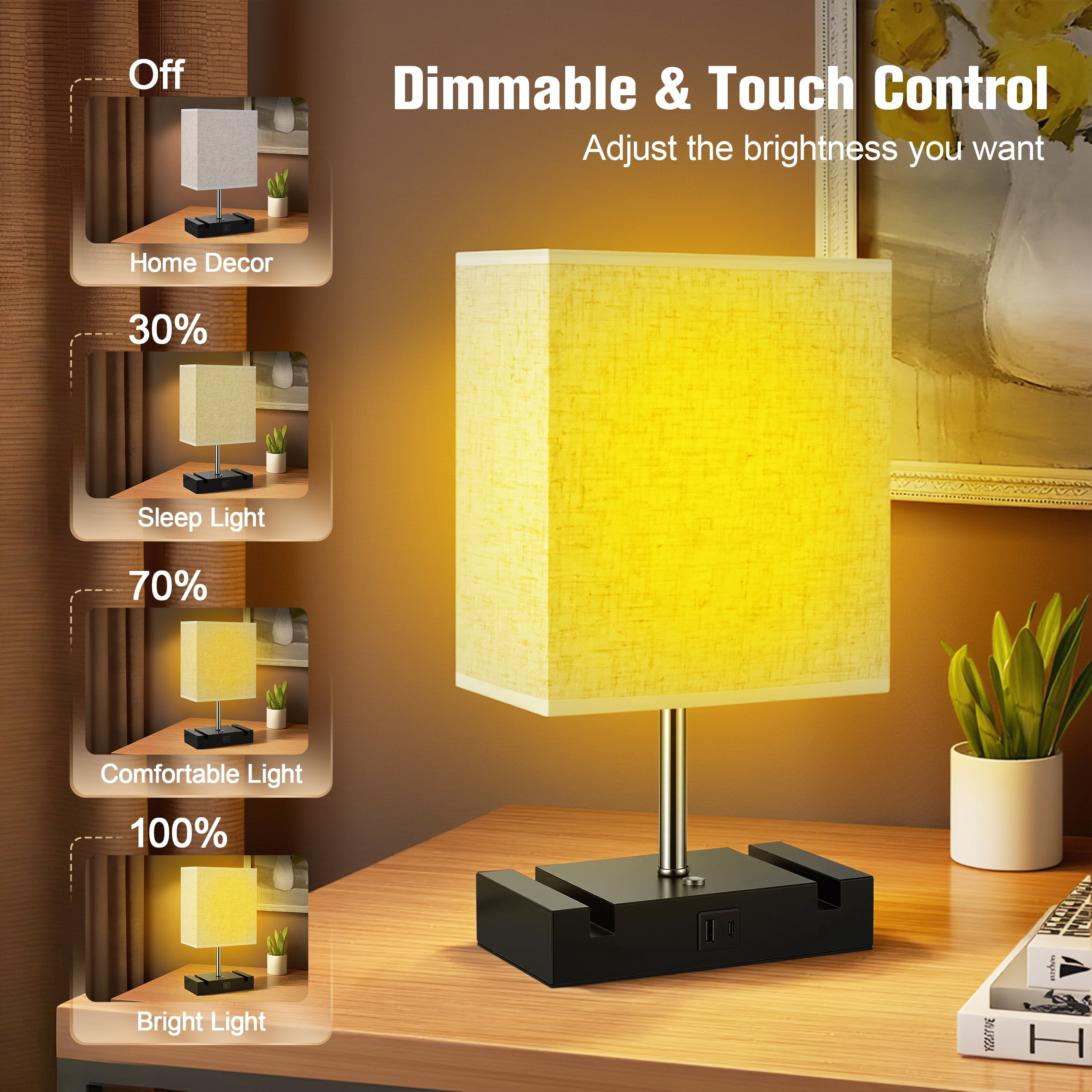 Doulami Table Lamp for Bedroom with 3 Way Dimmable Touch Control, Bedside Table Lamp with 2 USB Charging Ports and 2 Phone Stands, Nightstand Lamp with E26 Light Bulb, Desk Lamp with Fabric Shade for