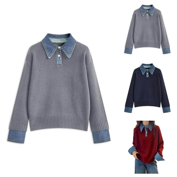 Pullover Sweaters for Women 2025 Long Sleeve Denim Patchwork Button Collared Loose Sweater Tops Fall Winter Outfits