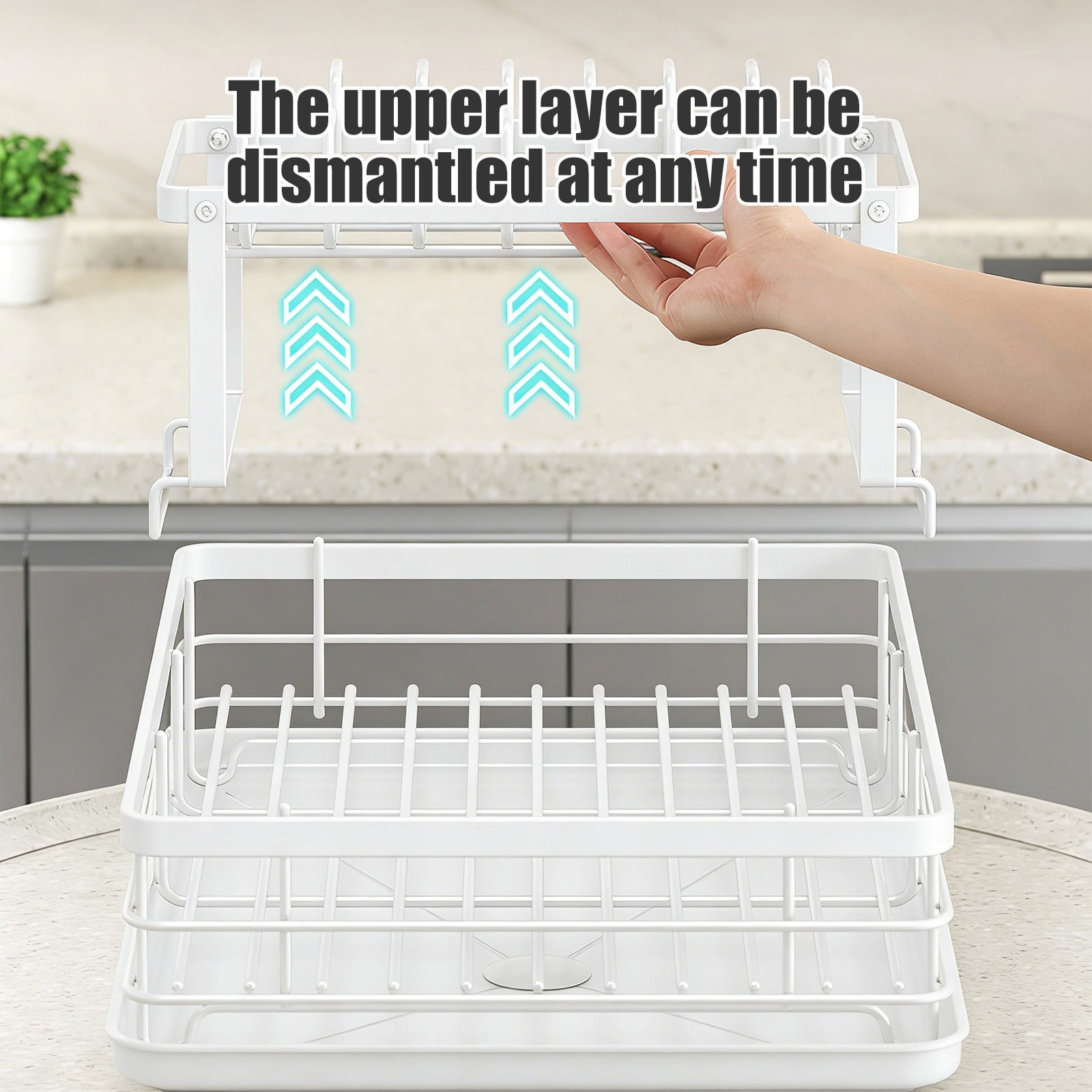 Dish Drying Rack Carbon Steel 2 Tier Draining Rack, Bowl Plate Chopstick Storage with Water Drain Tray, Countertop Dish Organizer for Kitchen Sink and Counter