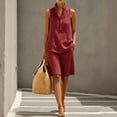 thumbnail image 2 of Women's Cotton Linen Outfit Stand Collar Sleeveless Henley Top Knee Length Bermuda Shorts Casual Set Wine L, 2 of 4