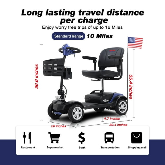 Metro Mobility 4 Wheel Foldable Mobility Scooter for Adults - 300 lbs Capacity Powered Mobility Scooters for Senior, Travel - Long Range Power Extended Battery with Comfortable Larger Legroom - Blue