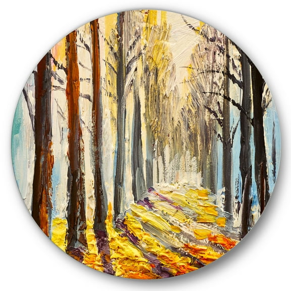Designart 'Morning Glow Through The Autumn Trees' Lake House Circle Metal Wall Art 36x36 - Disc of 36
