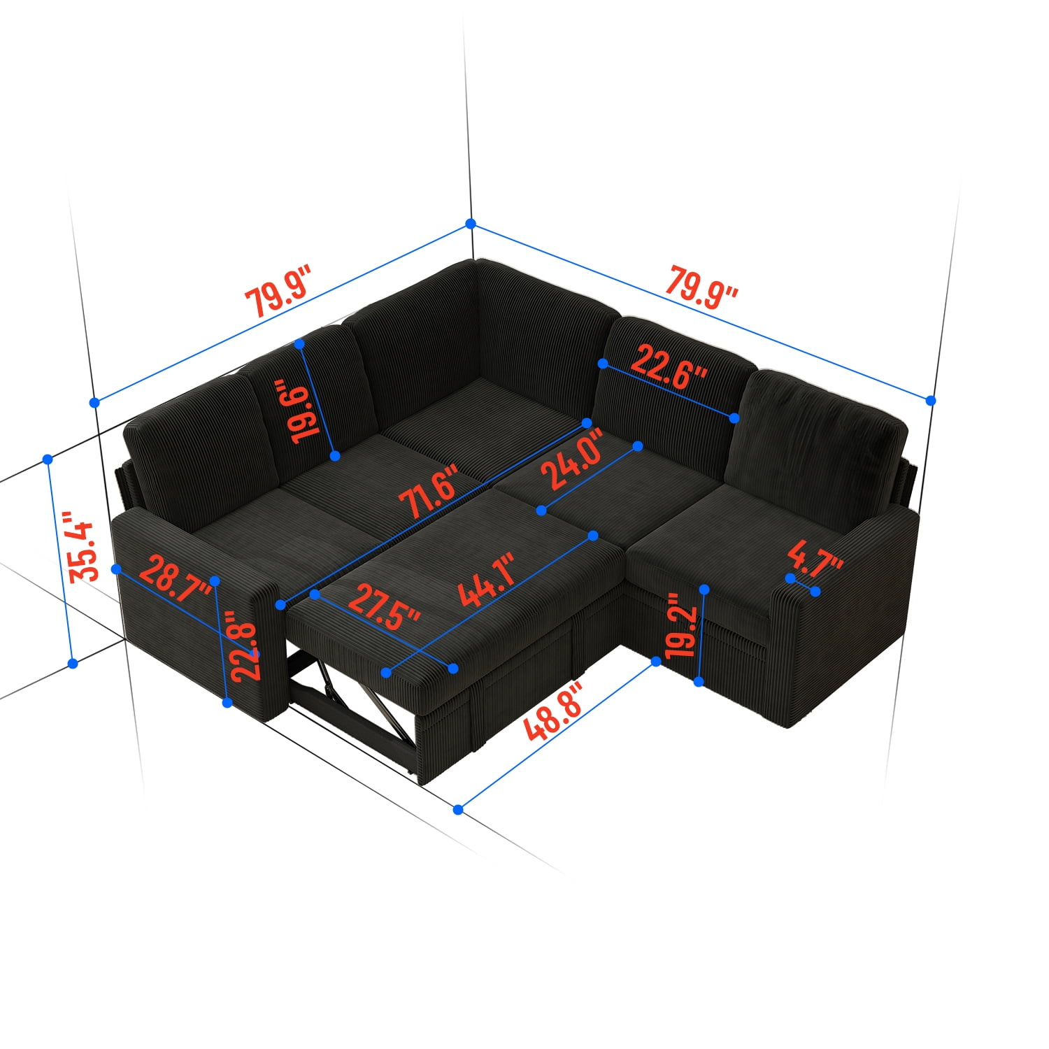 BSHTI Modern L-Shaped Pull-Out Sectional Sleeper Sofa Bed with Storage for Living Room, Black