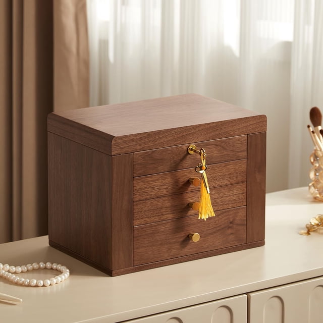 Joyero Homruilink de madera de nogal negro con espejo y cerradura