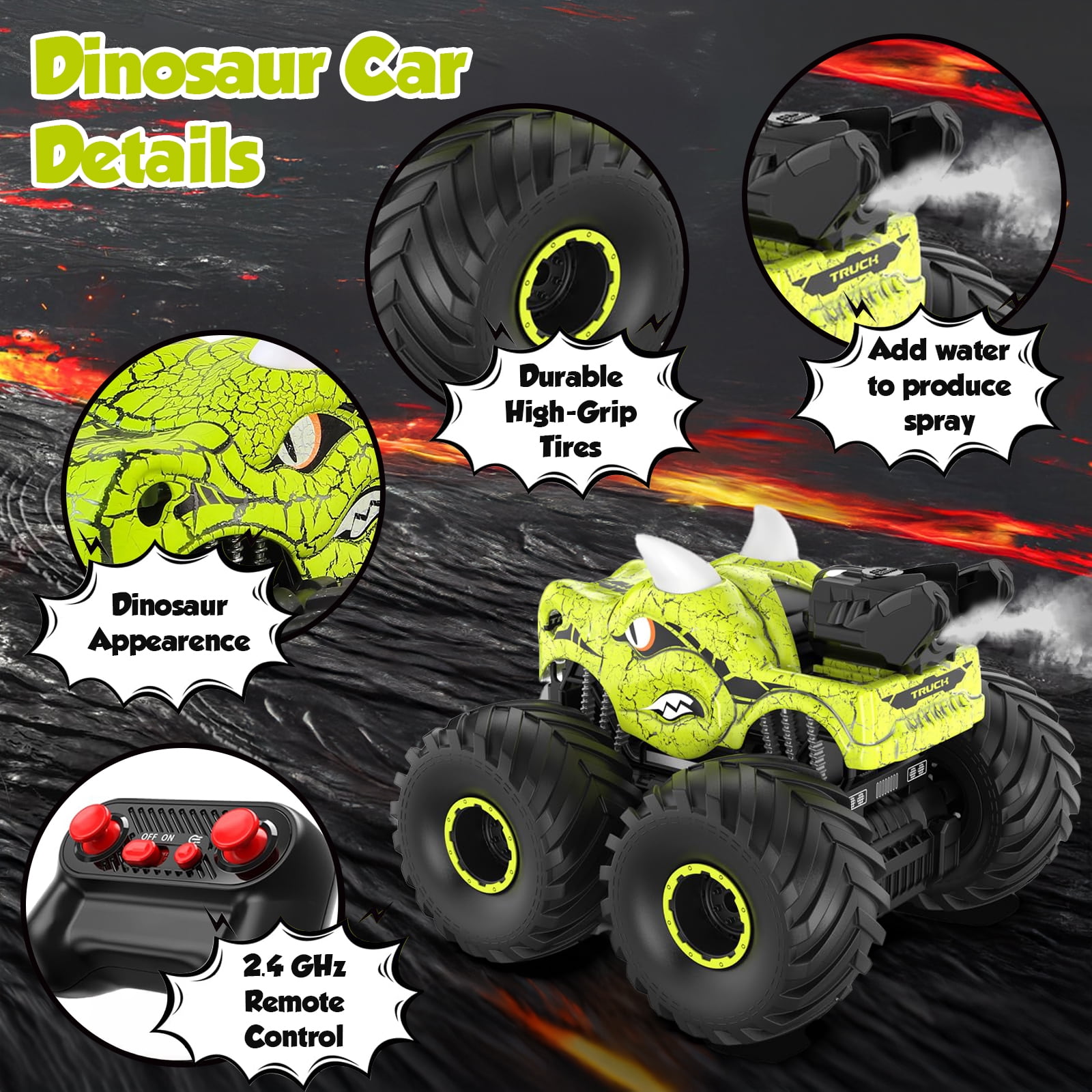 Huge Wave Remote Control Cars for Boys, 2.4Ghz RC Dinosaur Toys for Boys 3-6, RC Monster Trucks with Light & Sound Spray, Birthday Christmas Gift for Boys 3 4 5 6 7 8, Green