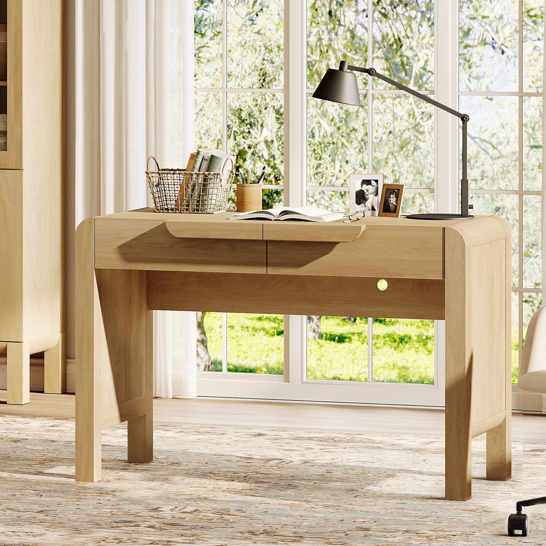 47.2”W Mid-century Modern Curved Waterfall Writing Desk With 2 Drawers，Wood Computer Desk With Charging Station, Standing Desk For Home Office
