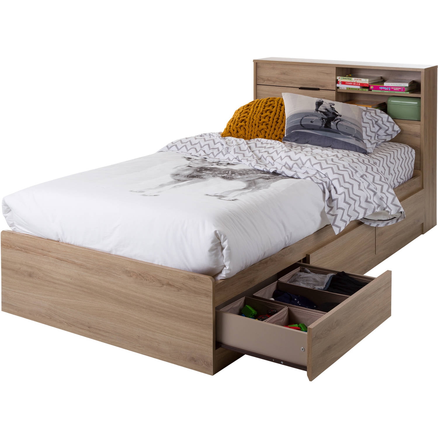 South Shore Fynn Twin Mates Bed with Storage Drawers, Rustic Oak