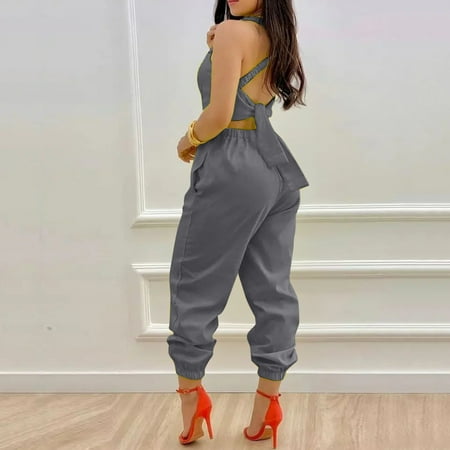 

Yuwegr Jumpsuits For Women Dressy Summer Loose Stretchy Wide Leg Jumpsuit High Waist Sleeveless Rompers Casual Bodysuit Grey XL