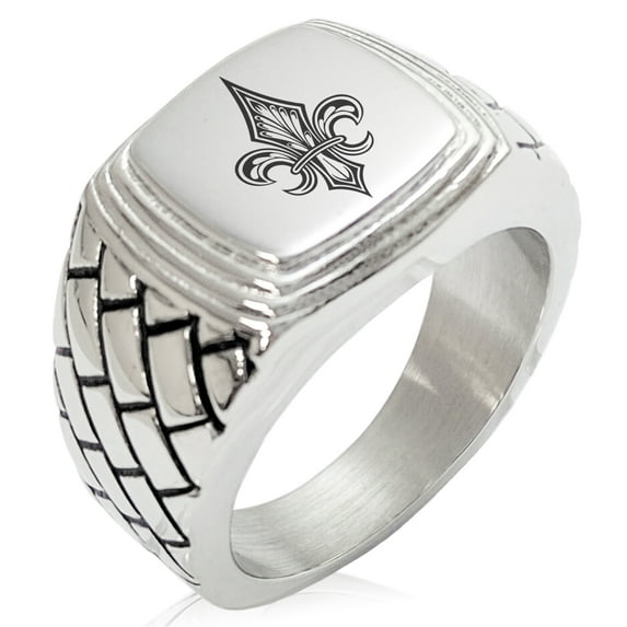 Stainless Steel Knightly Fleur De Lis Geometric Pattern Step-Down Biker Style Polished Ring