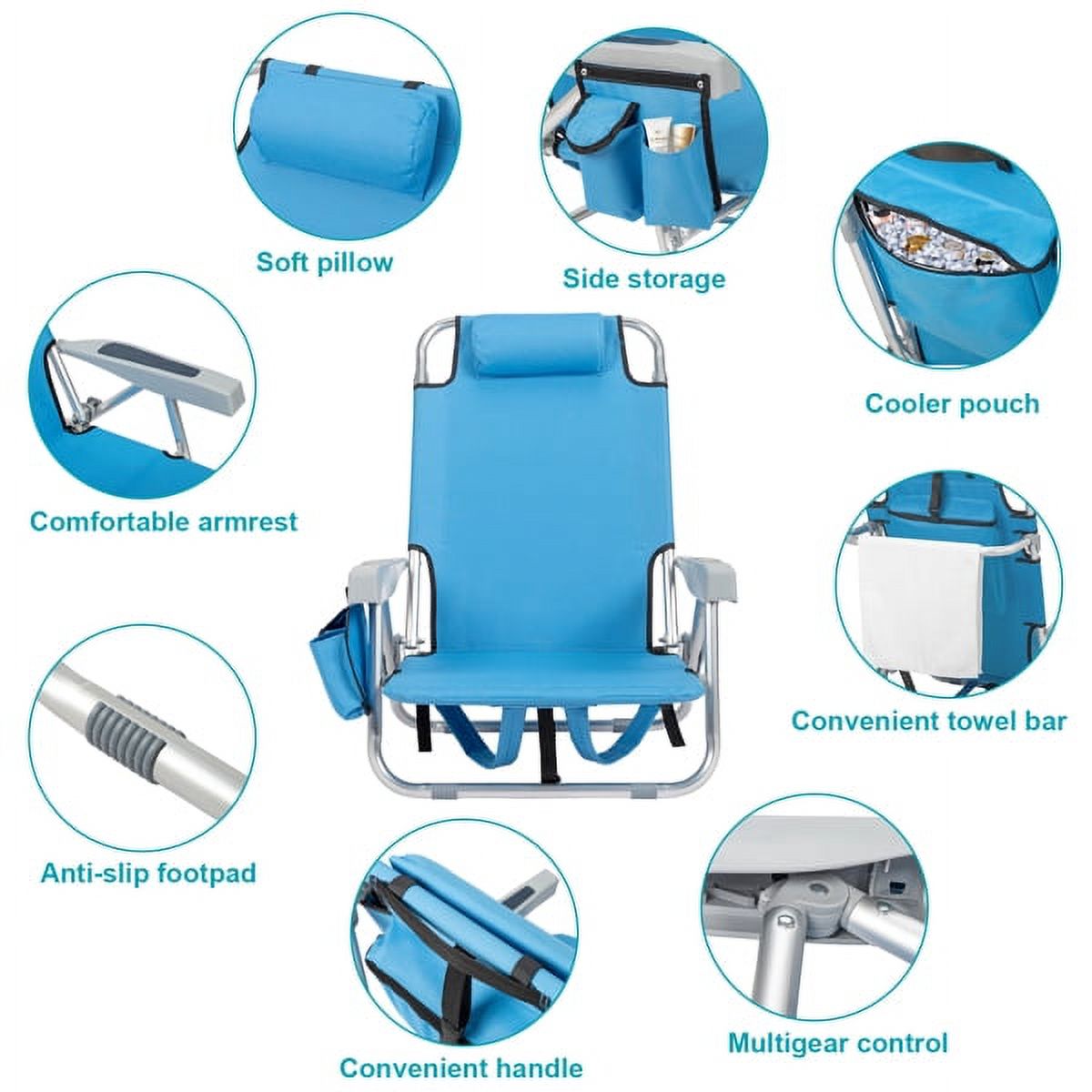 Short Oxford Cloth Silver White Aluminum Tube Bearing 100kg Beach Chair with Cup Holder Storage Pouches Blue