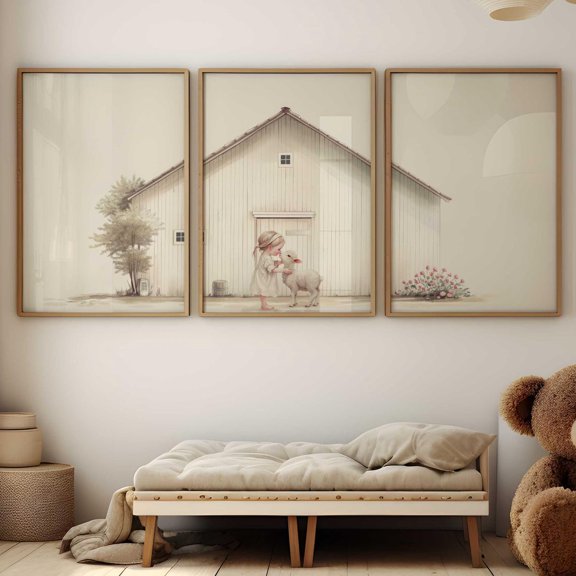 Luvia Lamb Nursery Decor, Farmhouse Nursery Decor Set Of 3, Baby Farm Animal Print, Baby Girls Room, Lamb Print, Barn, Vintage Girl Art, Modern Wall Decor Set 3 Prints 8x12 UNFRAMED