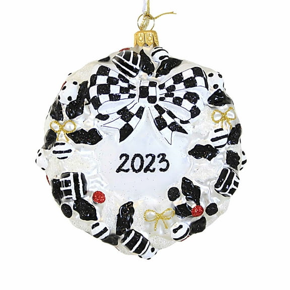 Huras Family 2023 Black And White Delight Wreath - 1 2023 Dated Glass Tree Ornament 5.25 Inch, Glass - Hand Painted Dated Ornament Bw694