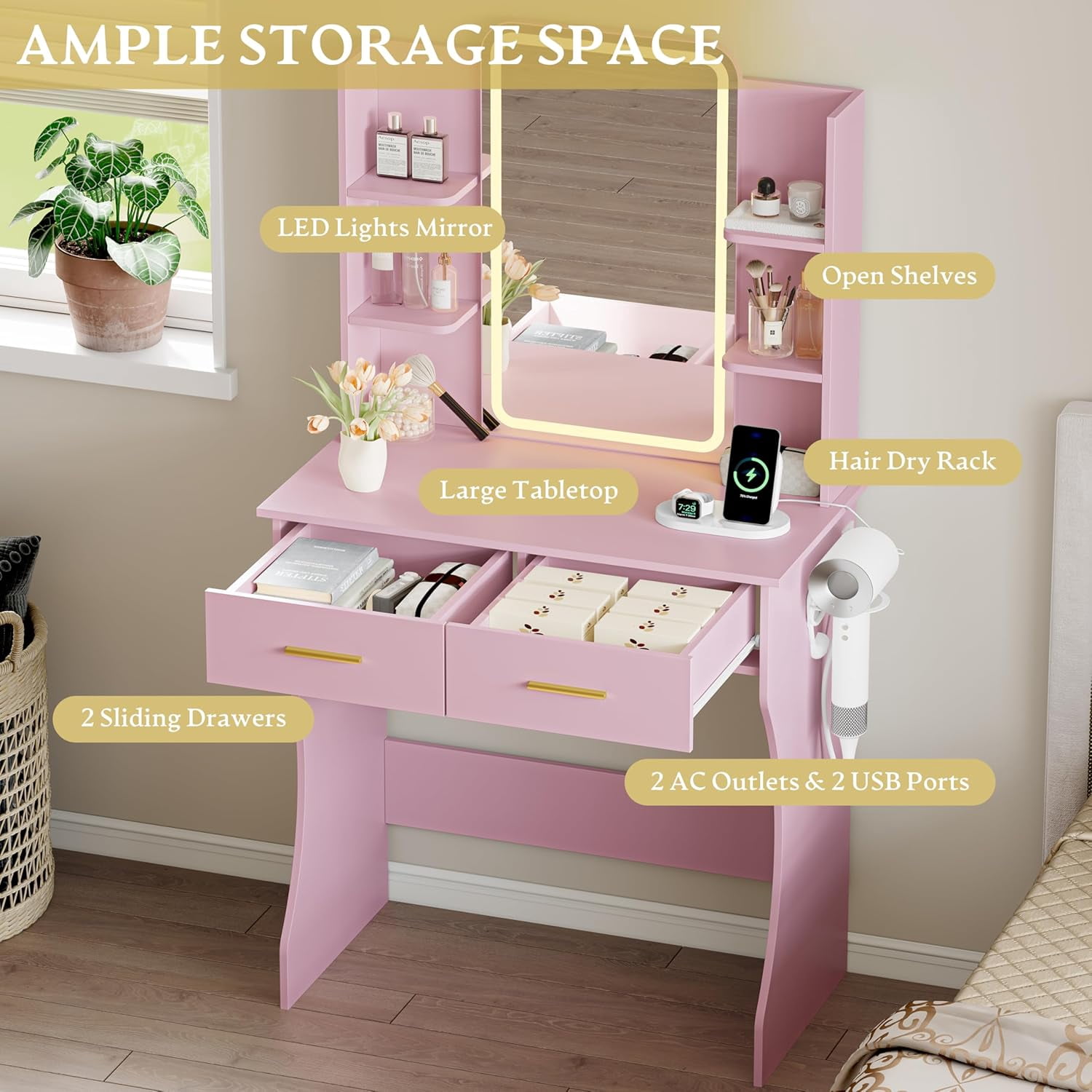 FANRAL Vanity Desk with LED Lighted Mirror and Power Outlet,Makeup Vanity Table with Storage Drawers,3 Lighting Modes and Adjustable Brightness,Dressing Table for Bedroom,Pink Vanity
