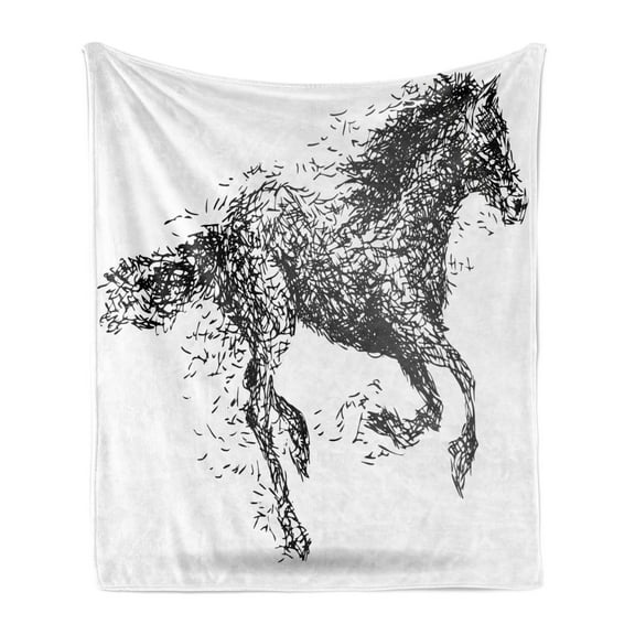 Modern Soft Flannel Fleece Throw Blanket, Sketchy Futuristic Unusual Patterned Line Combined Animal Horse Image, Cozy Plush for Indoor and Outdoor Use, 60" x 80", Black and White, by Ambesonne