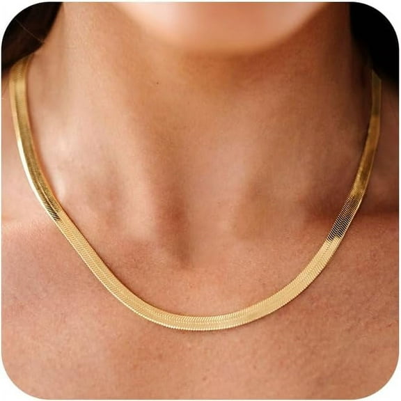 Gold Necklace for Women,14K Plated sterling silver Snake Chain Necklace Dainty Simple Chunky Herringbone Necklace Choker Necklaces Jewelry for Women