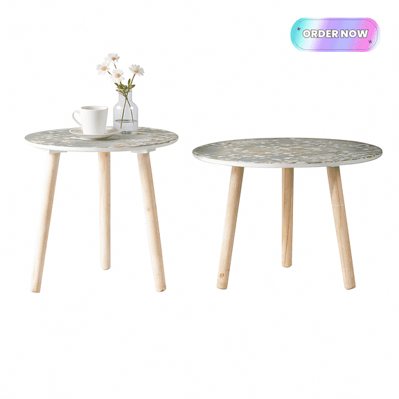 Tcbosik Round Side Tables Set of 2, End Table with Cherry Blossom Design, Small Nightstand for Living Room, Bedroom, White & Blue