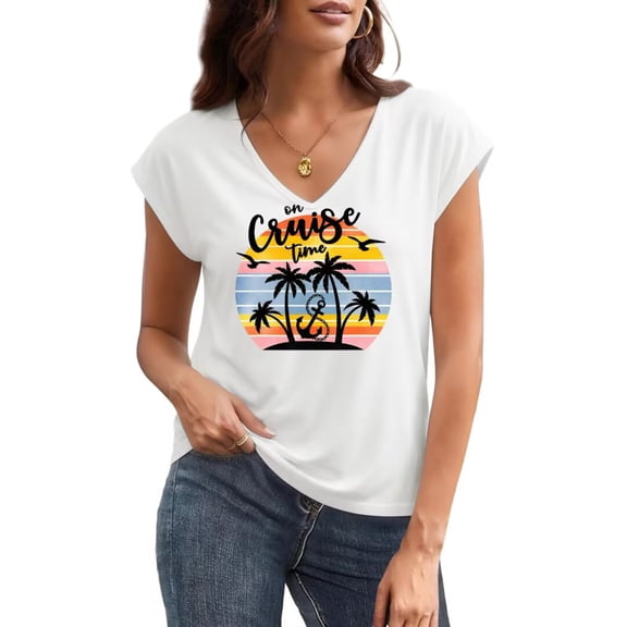 UNISHE Women's On Cruise Time Tropical Sunset Palm Tree Anchor Graphic V Neck Short Sleeve T-Shirt Casual Tees
