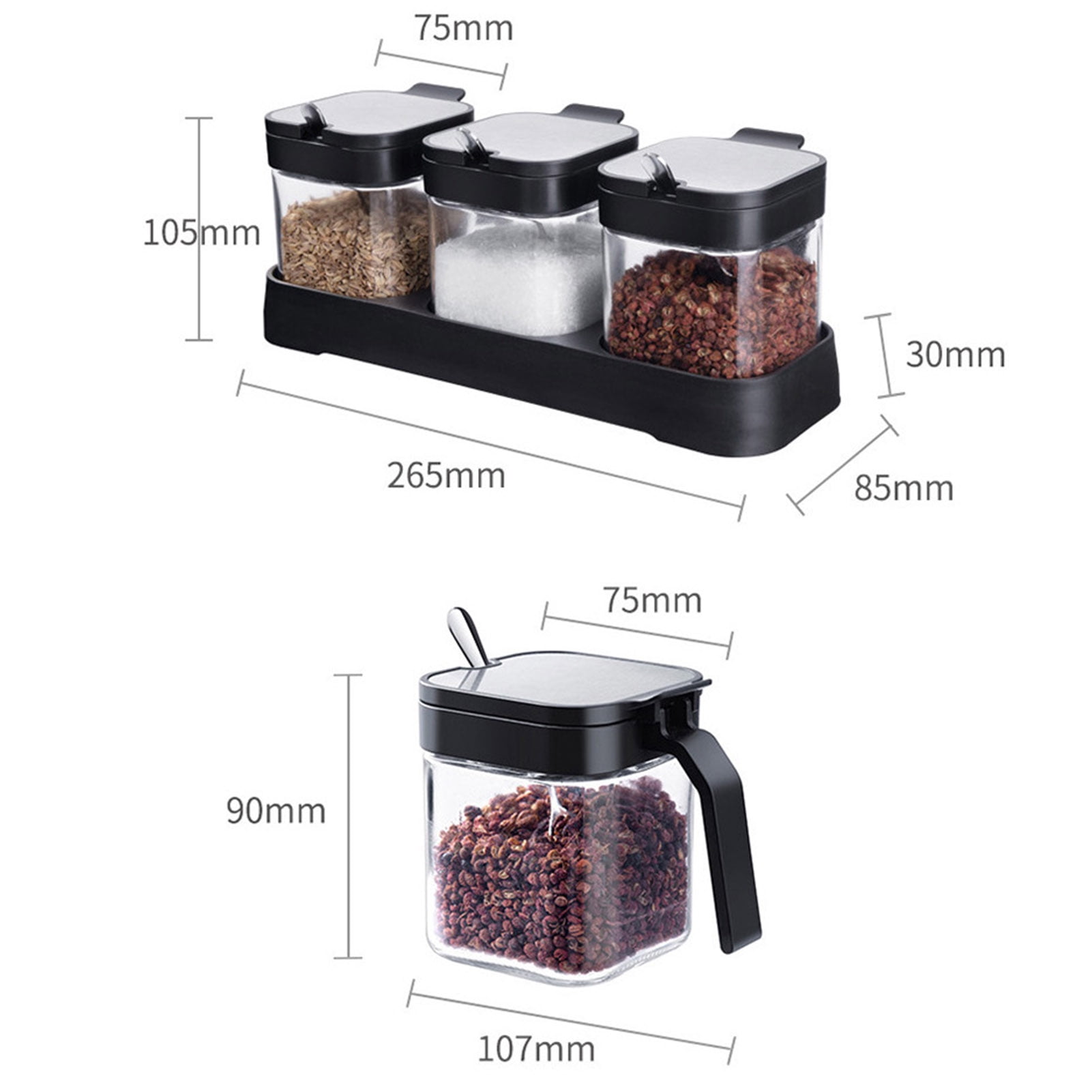 Glass Condiment Spice Jars,12oz/350 ml Condiment Jar Spice Container with  Lids and Spoons and Tray,Clear Glass Condiment Canisters,3Pack Seasoning  Box