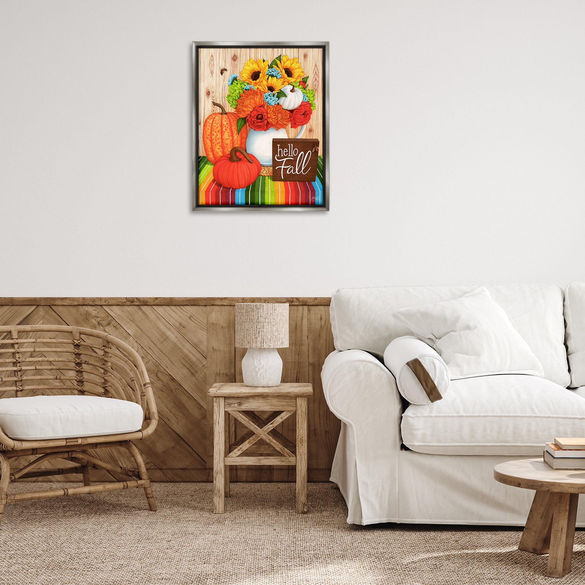 Stupell Industries Hello Fall Rainbow Pumpkins Holiday Painting Gray Floater Framed Canvas Art Prints Wall Art, 25 x 31