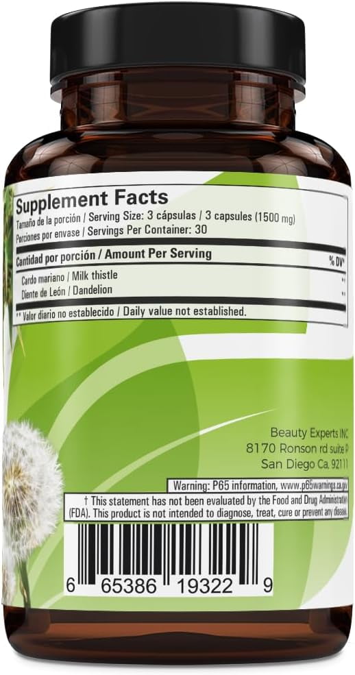 Cardo Mariano reforzado con diente Leon (Milk Thistle Reinforced with Milk Thistle) 90 Vegetable Capsule 1500 mg per Serving, Root Liver Health Support, Antioxidant Support, 100% Natural, Made in USA