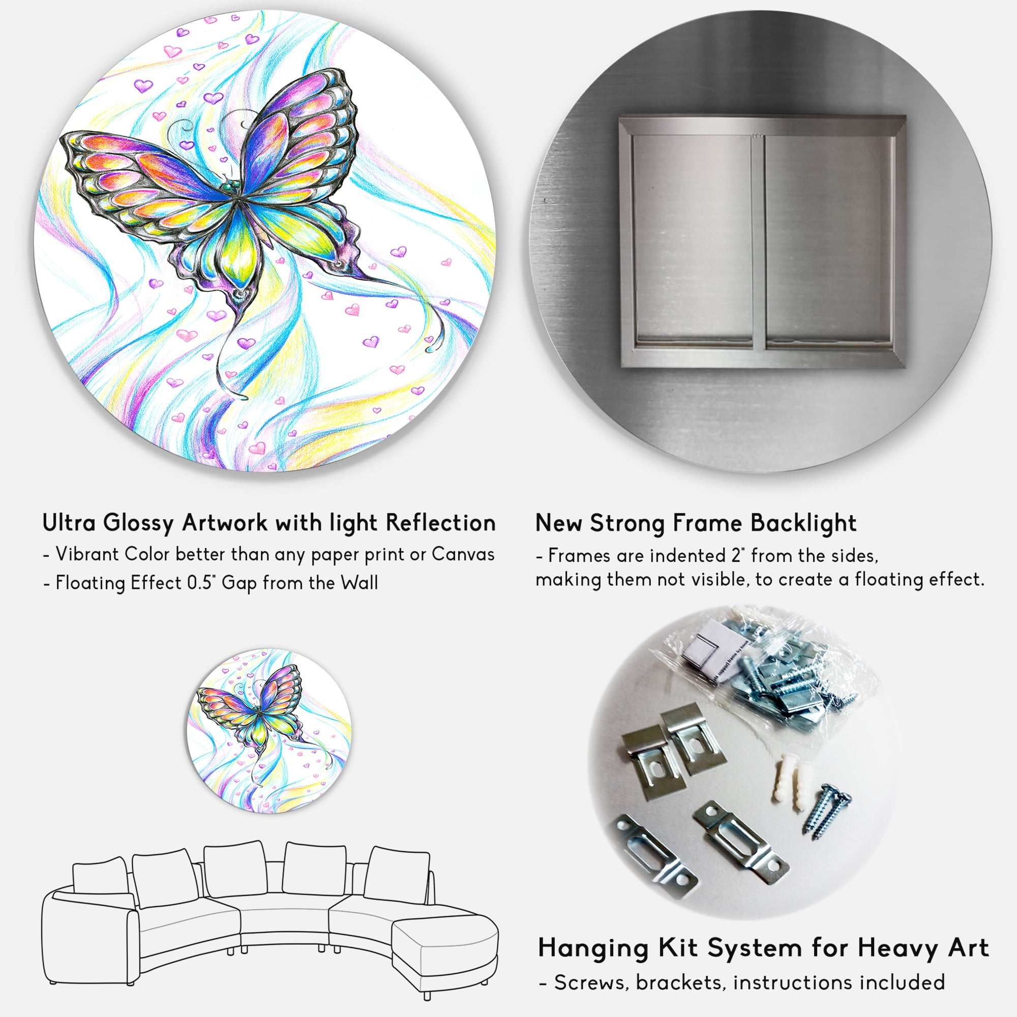 Designart 'Iridiscent Colorful Butterfly' Traditional Circle Metal Wall Art 36x36 - Disc of 36
