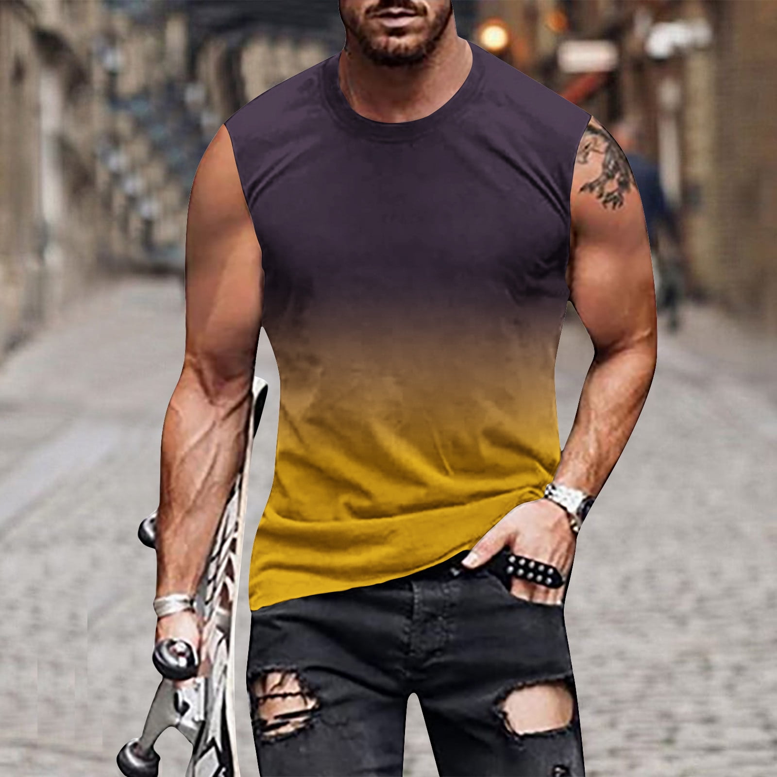 jovati Mens Sleeveless T Shirts Mens Gradient Sleeveless Tank Top Regular Non Positioning Print Pullover Round Neck Sleeveless T Shirt Casual Sports