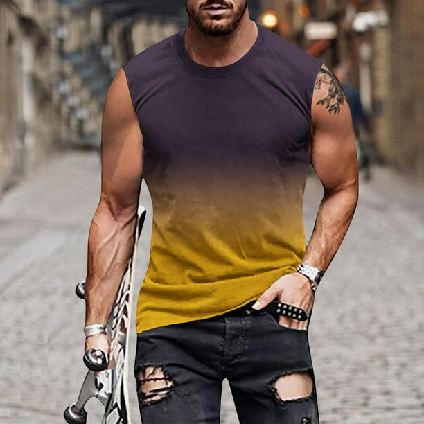 jovati Mens Sleeveless T Shirts Mens Gradient Sleeveless Tank Top Regular Non Positioning Print Pullover Round Neck Sleeveless T Shirt Casual Sports