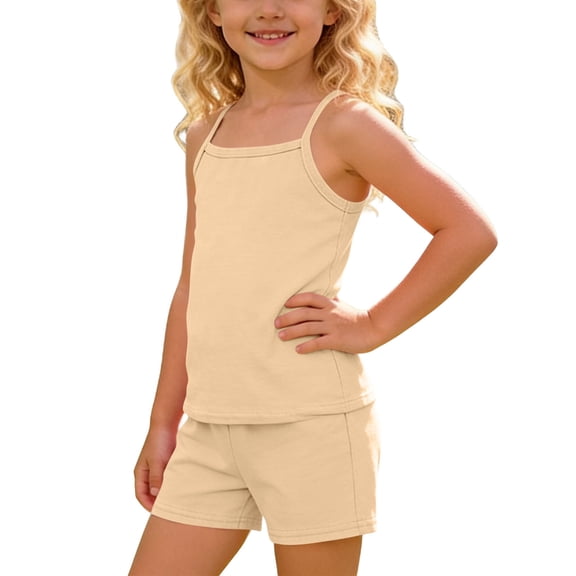 Cethrio Girls Outfit Sets 2 Piece, Sleeveless Soft Casual Kids Summer Clothing Sets Beige Size 10