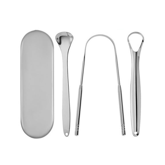 TV Time Direct - Tongue Scraper Bad Breath Cleaner 4 Piece Kit Stainless Steel - Silver