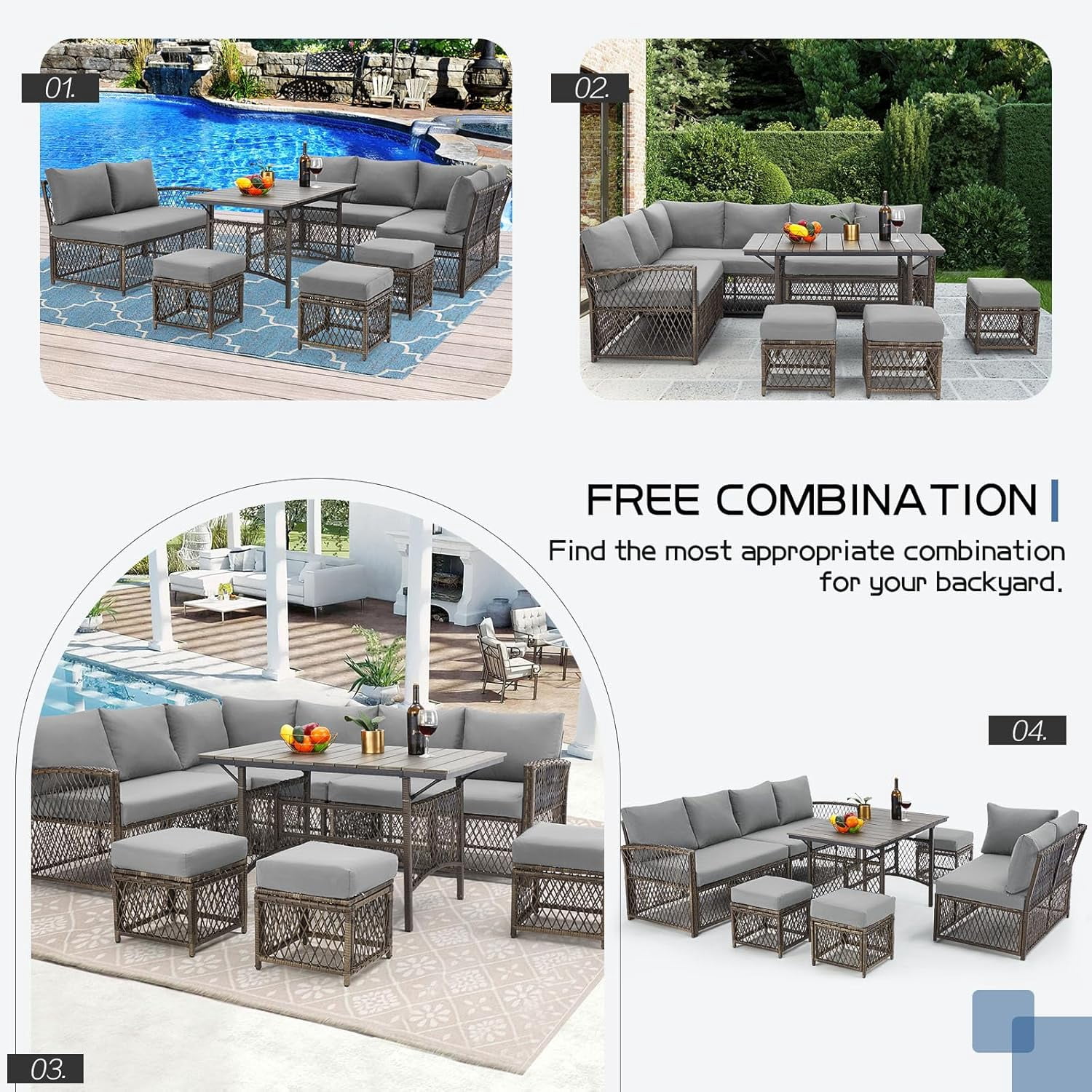AECOJOY Patio Furniture Set with Cover, 7 Pieces Wicker Outdoor Sectional Sofa with High Table and Chairs, All Weather PE Rattan Conversation Dining Set with Ottoman, Grey Cushions