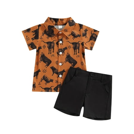 

JYYYBF 1-6Y Toddler Boys Western Outfits Cattle Print Short Sleeve Button Shirts+Shorts Gentleman Summer Outfits Black 3-4 Years
