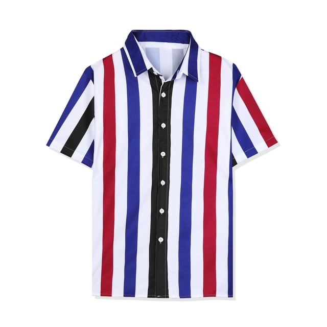 INSPIRE CHIC Camisa de verano con estampado de rayas arcoíris para hombre, camisas de manga corta con botones Blanco Azul Negro S