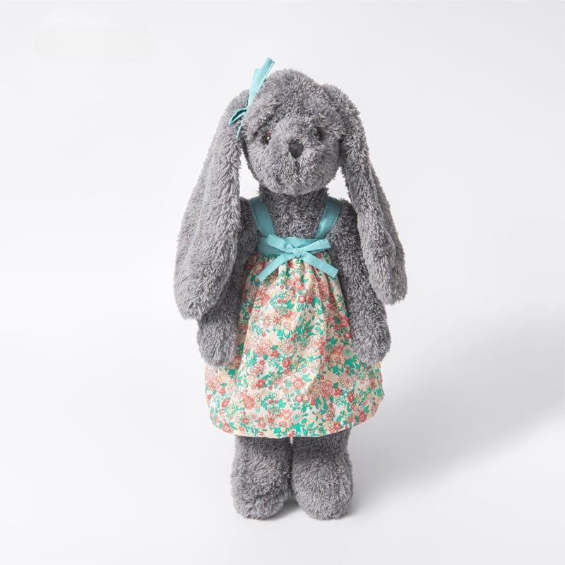 Gray Bunny Plush Doll with Floral Dress, Soft Stuffed Rabbit Toy, Cute Decorative Plush Figure for Home Display and Gift Giving
