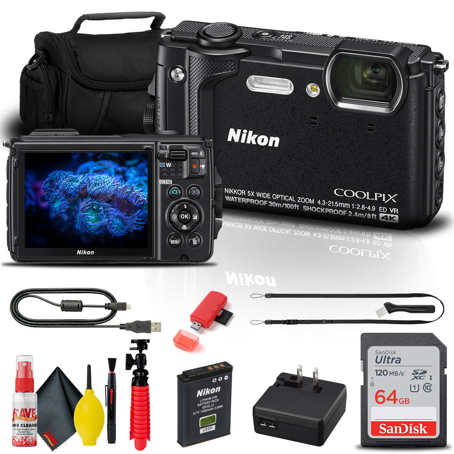 Nikon COOLPIX W300 Digital Camera (Black) (26523) + 64GB Card +