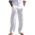 thumbnail image 2 of Men's Linen Pants Lightweight Drawstring Elastic Waist Pockets Loose Fit Straight Legs Summer Beach Yoga White 3XL, 2 of 8