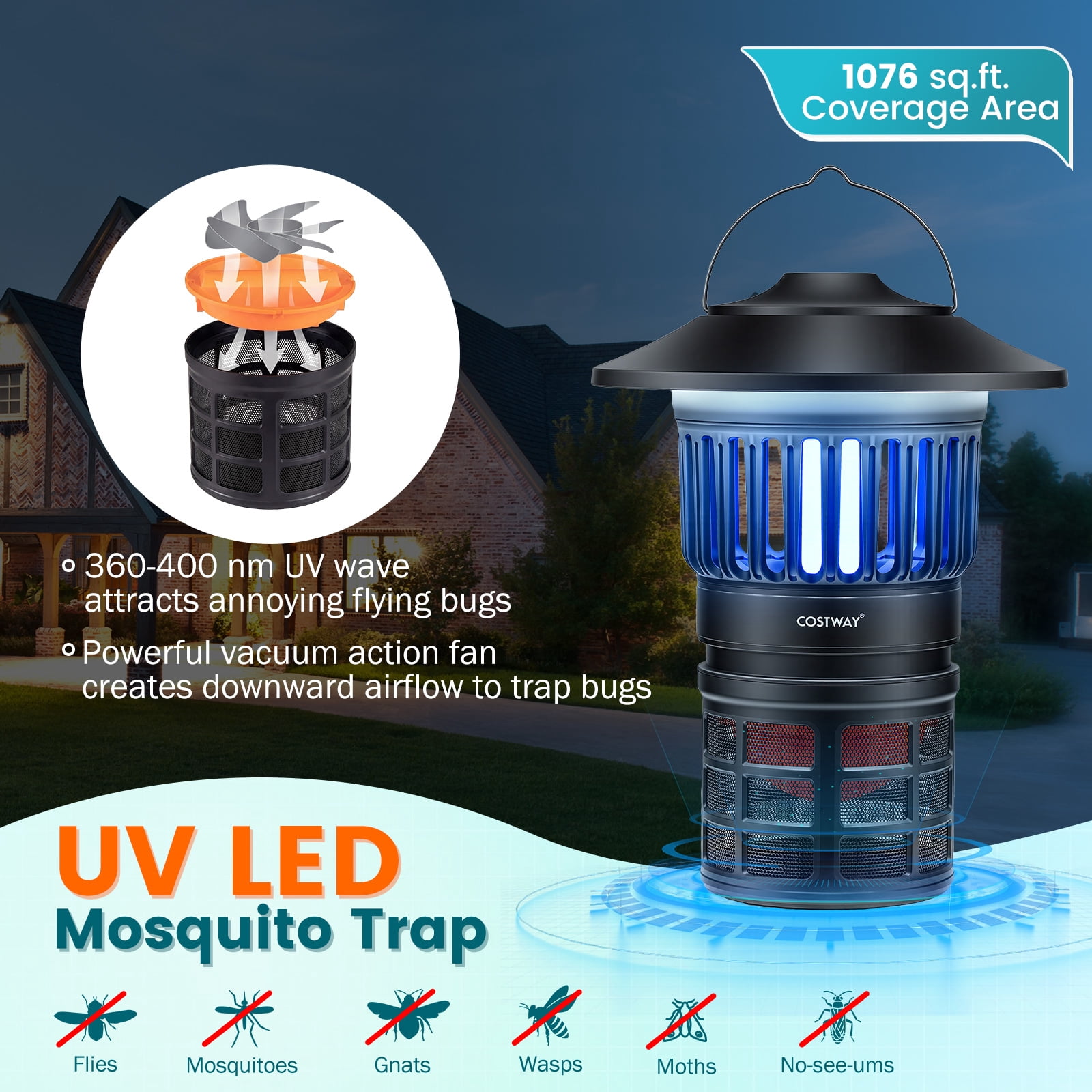 Costway Fly Trap with Light, Rechargeable Electric Bug Catcher & Killer with LED Lantern