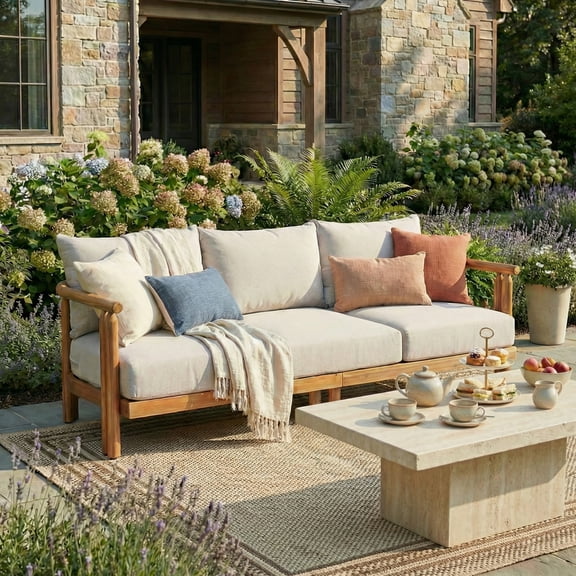 Christopher Knight Home 3-Seater Outdoor Sofa, Acacia Wood Frame with Cushions, Light Teak   Beige