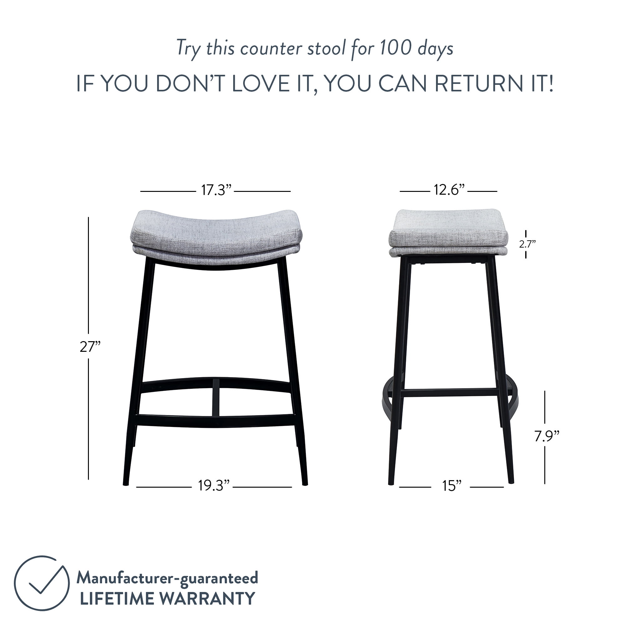 Nathan James Arlo Modern Backless Upholstered Kitchen Counter Bar Stool with Saddle Seat and Metal Base, Grey/ Matte Black