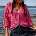 thumbnail image 2 of Kakishop Women's Short Sleeve Summer Cardigan V-Neck Button up Lightweight Hollow Out Sweater Cardigans Shrug,Hot Pink, 2 of 5