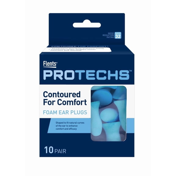 Flents Protechs Contoured for Comfort Foam Ear Plugs (NRR 32), 10 Pair, Blue