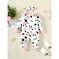 thumbnail image 3 of KIMI BEAR Newborn Baby Girls Rompers Long Sleeves Cow Print Bodysuits Button Down One-piece with Headband Fall Pink 9-12 Months, 3 of 8