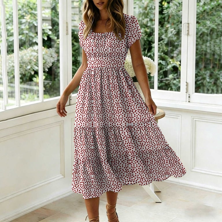 Neewe Summer Dresses for Women Flowy Casual Maxi Dress Square Neck Floral Print Tunic Short Sleeve Dress