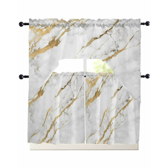 White Gold Kitchen Curtains Swag Valance and Tier Curtains Set 24 Inch Length, Modern Abstract Marble Geometric Rod Pocket Drape Panels Pair Swag Curtain for Bathroom/Cafe/Window