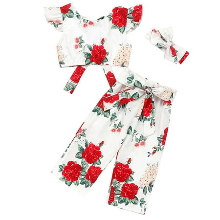 

FRSASU Kids Pants Clearance，Toddler Kid Baby Girl Print off Shoulder Backless Tops Bow Pants Hairband Outfit